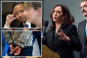 California Attorney General Kamala Harris speaking into a microphone at a news conference on gun violence at the Los Angeles Civic Center, May 17, 2013