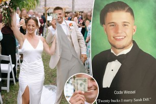 (Left) Cade Wessel and Sarah Dill, 24, at their April 2024 wedding. (Right) Cade Wessel's high school graduation picture. (Inset) Wessel holding $20 at his wedding to Dill.