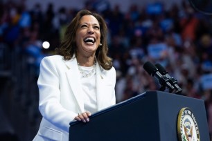 Democratic Presidential candidate Vice President Kamala Harris speaks at a campaign rally at Enmarket Arena in Savannah, Georgia, on August 29, 2024.