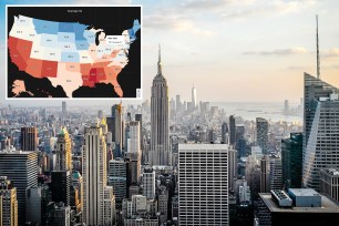 NY skyline and a map of the country with different colors representing IQ numbers.