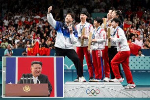 Silver medalists North Korea's Ri Jong Sik and Kim Kum Yong take a selfie with gold medalists China's Wang Chuqin and Sun Yingsha, and bronze medalists South Korea's Lim Jonghoon and Shin Yubin on the table tennis podium at the Paris Olympics. A photo of Kim Jong Un is inset.