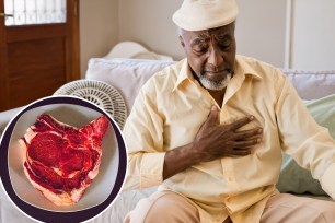 A man holding his chest and a piece of meat