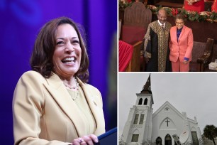 Kamala Harris and Karen Bass smiling in front of a church