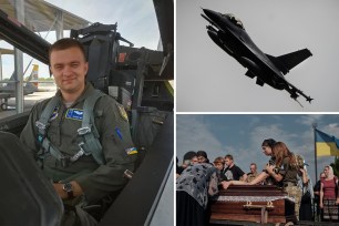 Ukranian pilot Lt. Col. Oleksiy Serhiyovych Mes seen in a 2019 Facebook photo in uniform sitting in plane; at top right, the Ukrainian Air Force's F-16 fighter jet shoots into air to an undisclosed location in Ukraine; at bottom right, loved ones gather around casket at Oleksiy Mes' funeral.