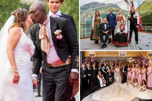 Princess Martha Louise of Norway and Durek Verrett kiss as they arrive at their wedding party at Hotel Unio in Geiranger on August 31, 2024.