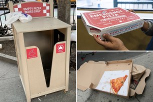 A new pizza-only garbage can, at left, a pizza box at top right, and a slice of pizza in a box at bottom right.