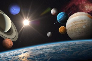 Aligning planets in the solar system including Mercury, Venus, Earth, Mars, Jupiter, Saturn, Uranus, Neptune, Pluto, and the Sun against a starry background