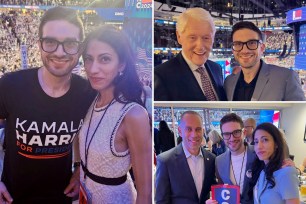 Huma Abedin and Alex Soros posing for a photo at the Democratic National Convention in Chicago, IL, other faces include Bill Clinton and Hakeem Jeffries