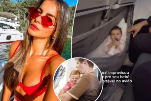 (Left) Brazilian influencer Natalia Figueira. (Right) Figueira's daughter in the hammock. (Inset) Father holding fussy baby on an airplane.