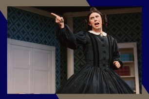 Cole Escola points at a character that isn't pictured while playing Mary Todd Lincoln.