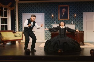 Conrad Ricamore as Abe Lincoln yelling and Cole Escola kneeling as Mary Todd