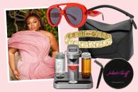 A collage of Da'Vine Joy Randolph in a pink dress surrounded by her picks for Alexa favorite things, including a Loewe bag, sunglasses, a Jared bracelet, makeup, and a cocktail machine.