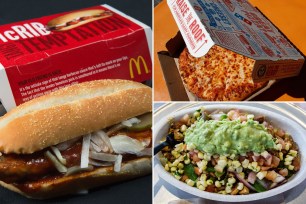 DISCONTINUED FAST FOOD - from left McDonald’s McRib; Domino’s Brooklyn Style Pizza; Chipotle Carne Asada