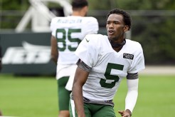 Jets wide receiver Garrett Wilson (5) during practice in Florham Park, NJ.