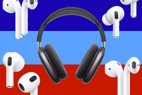 A group of headphones on a colorful background