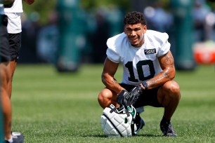 New York Jets wide receiver Allen Lazard (10) looks on during the team's NFL football training camp, Saturday, July 27, 2024, in Florham Park, N.J. 