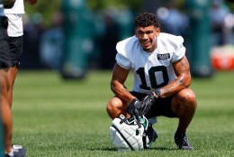 New York Jets wide receiver Allen Lazard (10) looks on during the team's NFL football training camp, Saturday, July 27, 2024, in Florham Park, N.J. 