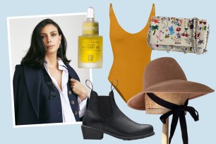 Collage of Deadpool star Morena Baccarin in a swimsuit and a hat showing off her taste in wellness and fashion products