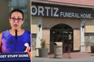 Department of Consumer and Worker Protection Commissioner Vilda Vera Mayuga at left. Exterior of R.G. Ortiz Funeral Homes at right.