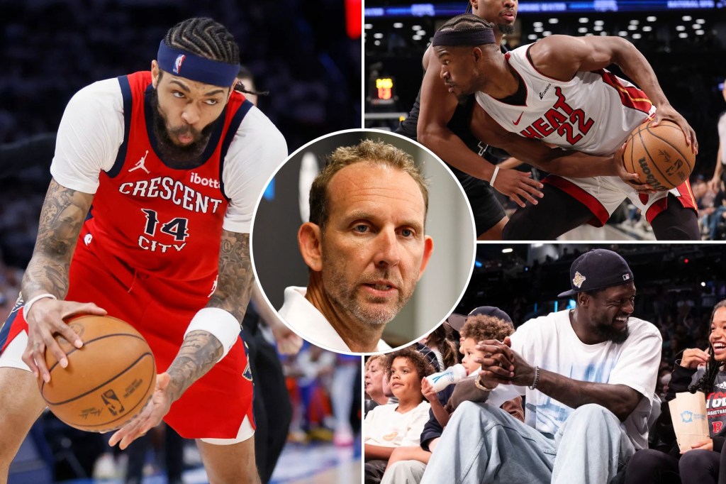 The Pelicans' Brandon Ingram, the Heat's Jimmy Butler and the Knicks' Julius Randle (clockwise from left) are potential 2025 free agents; Nets GM Sean Marks