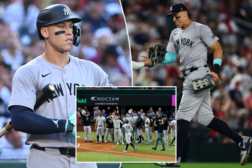 The Yankees' Aaron Judge at bat (left) and in the field (right) in 2024; inset: after hitting his 62nd home run in 2022