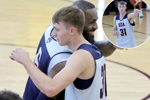 Cooper Flagg #31 of the 2024 USA Basketball Men's Select Team passes the ball at a practice session scrimmage against the 2024 USA Basketball Men's National Team during the team's training camp at the Mendenhall Center at UNLV on July 07, 2024 in Las Vegas, Nevada. 