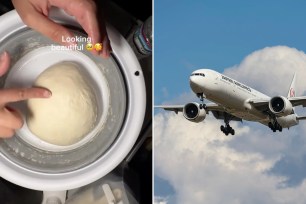 woman baking bread on airplane