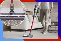 Man vacuuming with a dyson inset of dyson sucking up lots of debris