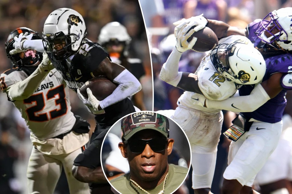 Colorado's Travis Hunter plays wide receiver (left) and cornerback (right) under head coach Deion Sanders (inset).