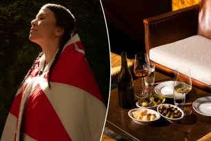 A woman wearing a patterned blanket and a table filled with food and drinks, representing the weekly Alexa calendar events. These include Parcelle's new wine bar in NYC and Arc'teryx's collaboration with Indigenous designers.