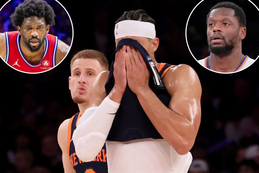 The Knicks' Josh Hart buries his face in his jersey; insets: Joel Embiid, Julius Randle