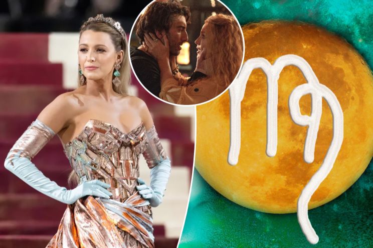 Blake Lively in a dress with a symbolic representation of a man in a moon, related to astrology and Virgo reckoning