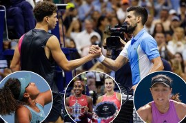 Ben Shelton and Novak Djokovic shake hands after a match at the 2023 U.S. Open; inset: Naomi Osaka, Coco Gauff and Aryna Sabalenka, Jessica Pegula