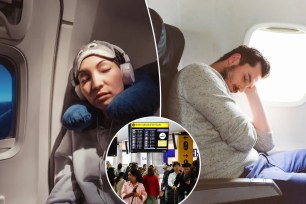 collage of people sleeping on planes and busy airport