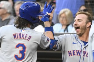 A jubilant Pete Alonso celebrates with Jesse Winker after the duo hit back-to-back homers in the first inning of the Mets' 5-3 win over the White Sox on Aug. 31, 2024.