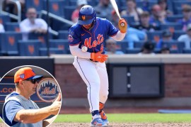 Francisco Alvarez bats for the Mets; inset: hitting coach Eric Chavez