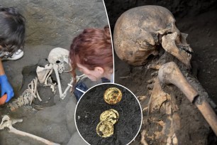 Researchers have found two skeletons at Pompeii where one of them was surrounded by treasures of gold and pearl.