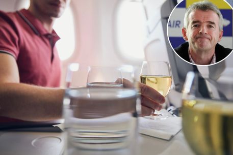 Ryanair CEO Michael O'Leary in small image on top of photo of people drinking on plane