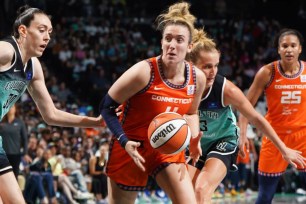 Marina Mabrey, who joined the Sun before the trade deadline, looks to make a move on Breanna Stewart during the Liberty's 72-64 loss on Aug. 24, 2024.