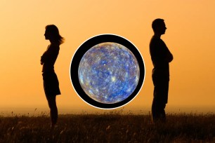 Silhouette of a man and woman standing in a field with an overlay of Mercury retrograde symbol