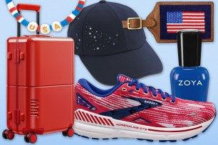 Patriotic merchandise including sneakers, red suitcase, and hat for the Summer Olympics