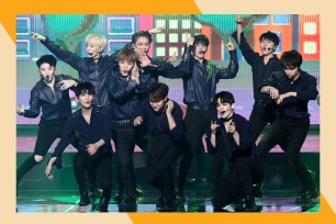 K-Pop group Seventeen performs a choreographed dance.