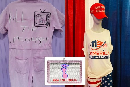 At left a pink jumpsuit that has a TV scrawled on it along with the words, "Kill the messenger." At right, a manequin in a red, "Make America Great Again," cap and a T-shirt for America First Warehouse. Inset at middle bottom, a crystal handbag that says, "MAGA Fashionista."