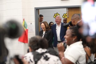 Democratic Presidential nominee Vice President Kamala Harris and running-mate Tim Walz visit Liberty County High School during a campaign bus tour through southeast Georgia.