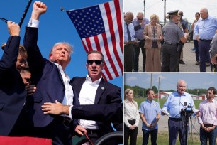 Donald Trump and Mike Kelly standing with task force members in a field, discussing records related to an assassination attempt